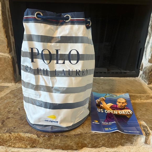 Polo Ralph Lauren Plastic Striped Bucket Bag Backpack and US Open Daily Magazine - Picture 1 of 7